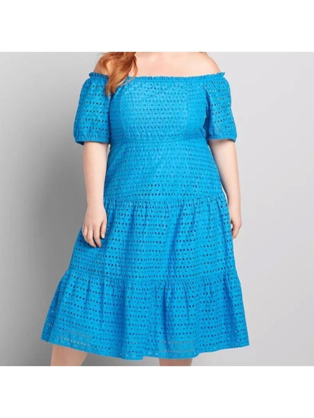 NWT Lane Bryant Convertible Off Shoulder Tiered Eyelet Midi Dress Blue 14P NEW
